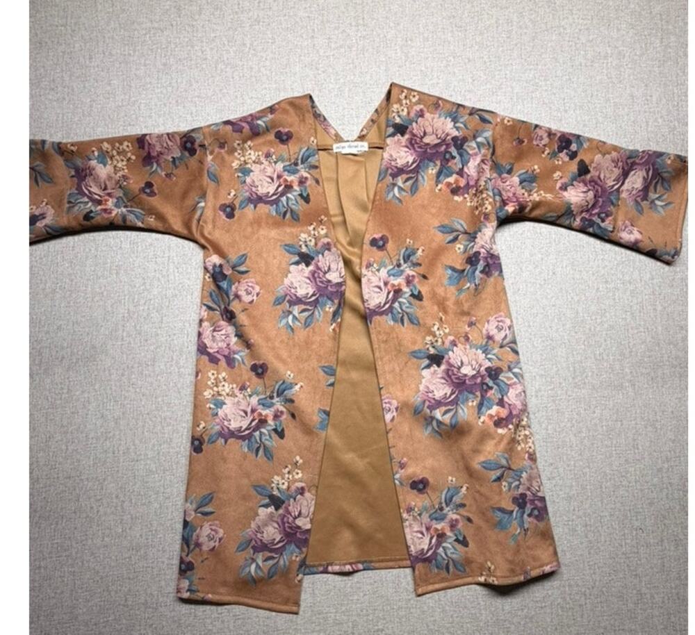 Indigo Thread Co Medium Brown Floral Faux Suede Duster Kimono Jacket Boho